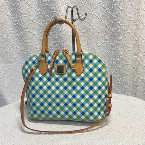 Dooney & Bourke Zip‎ Zip Blue white & green Checkered tan leather Satchel roomy